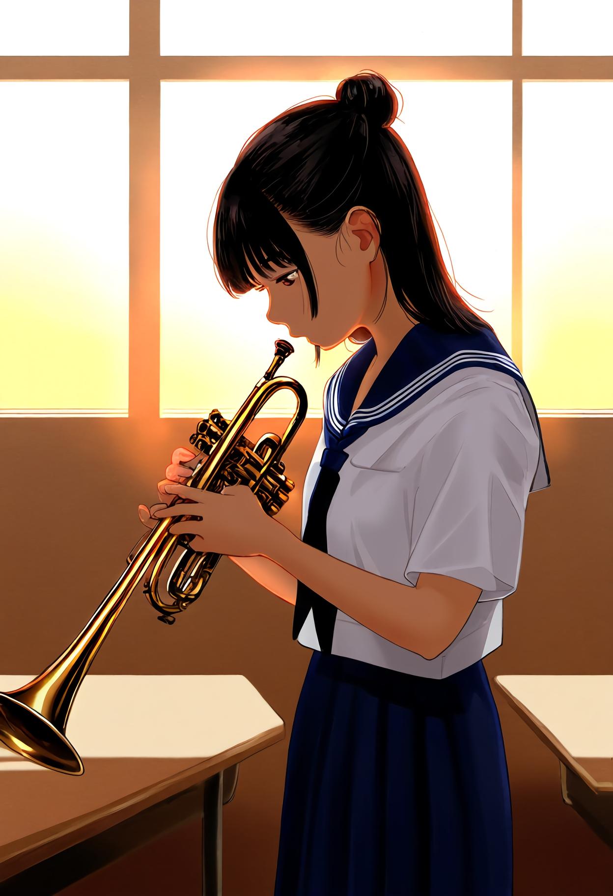 放課後の学校　トランペットを練習する吹奏楽部員 | の人気AIイラスト・グラビア