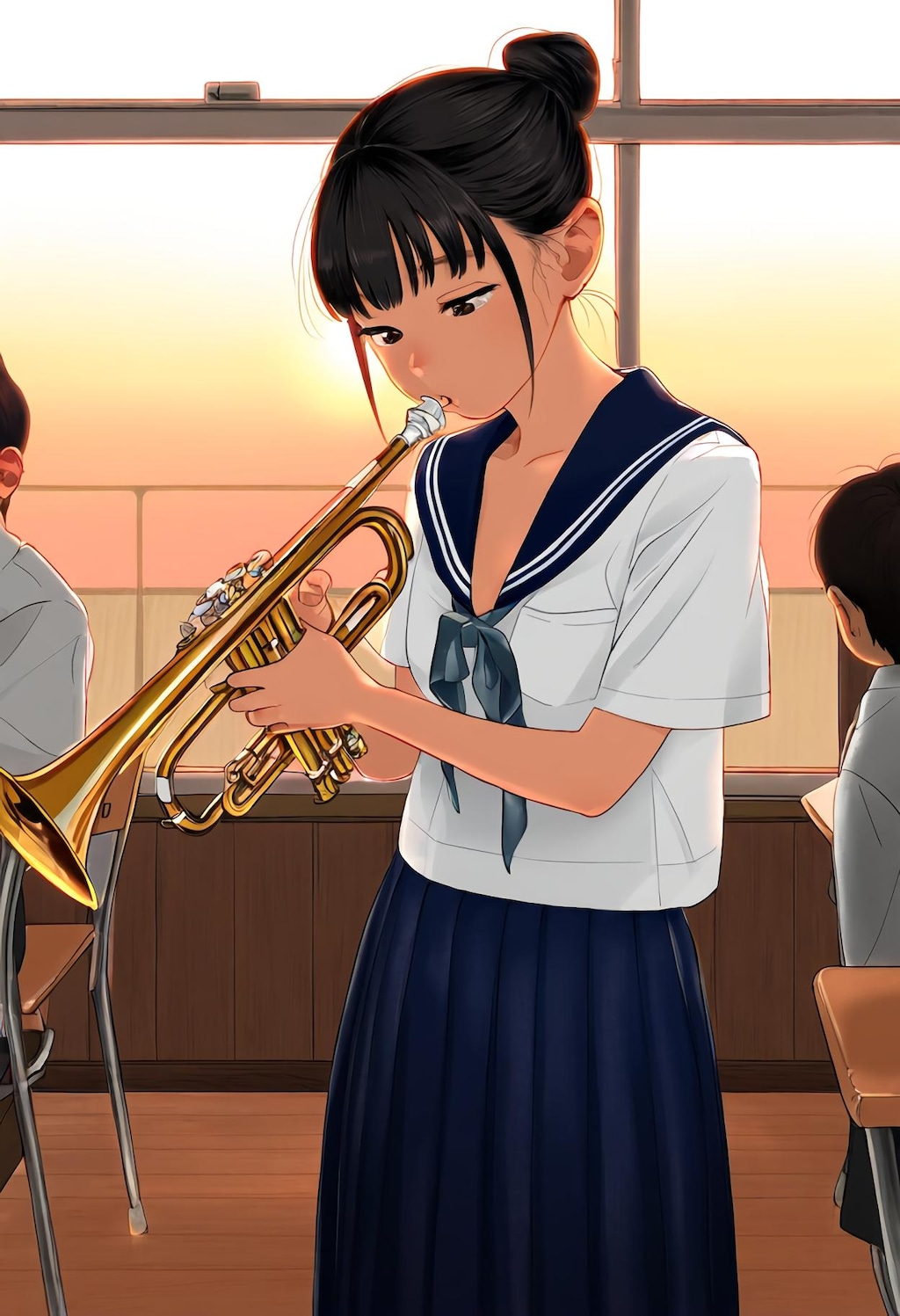 放課後の学校　トランペットを練習する吹奏楽部員