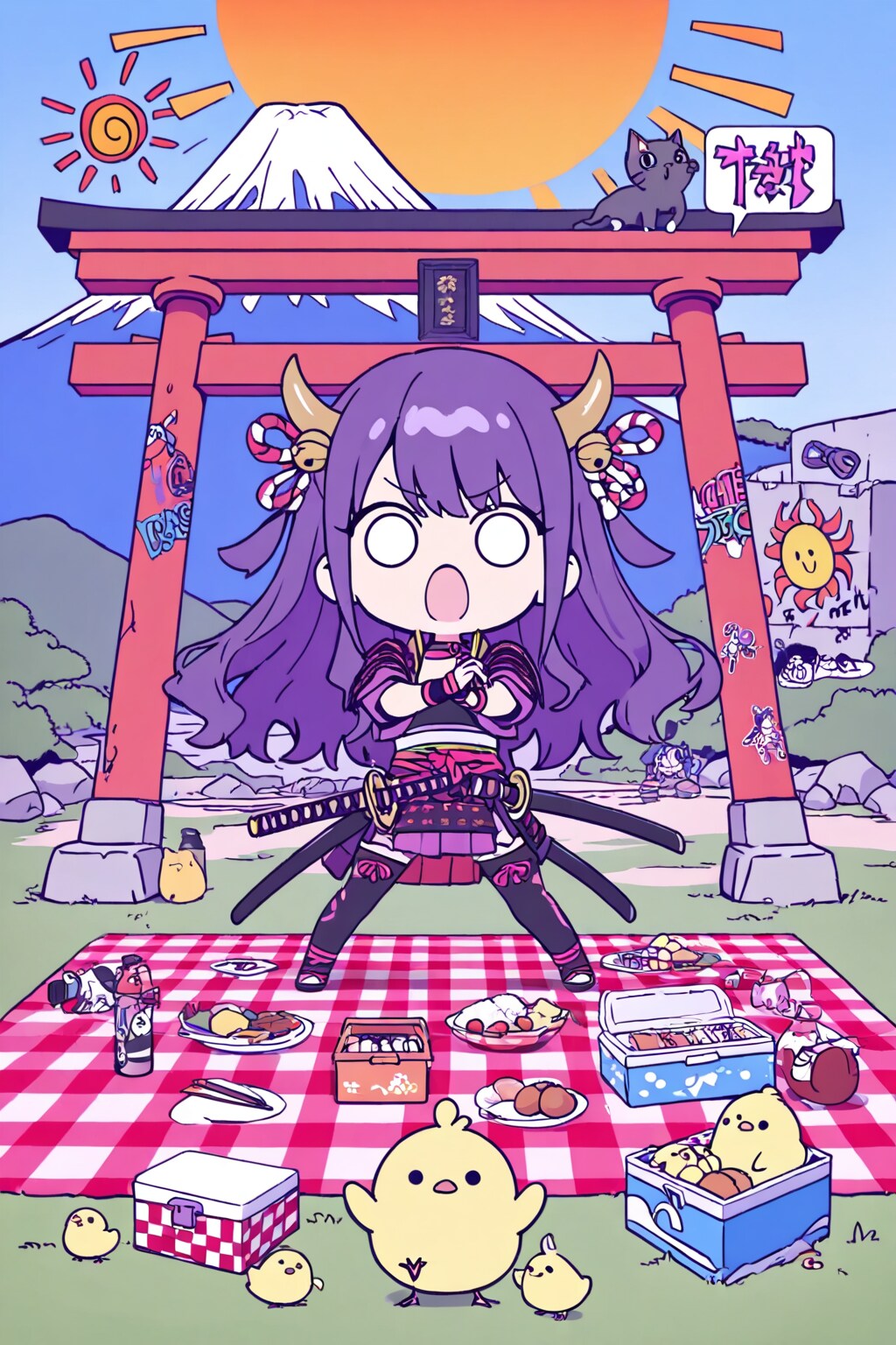 ピクニックをする紫髪ちゃん