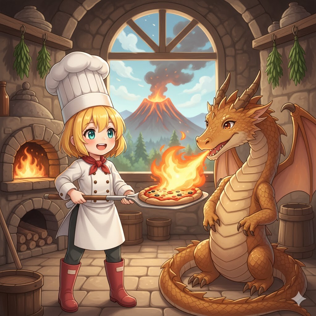 ドラゴンの炎でピザを焼くピザ職人