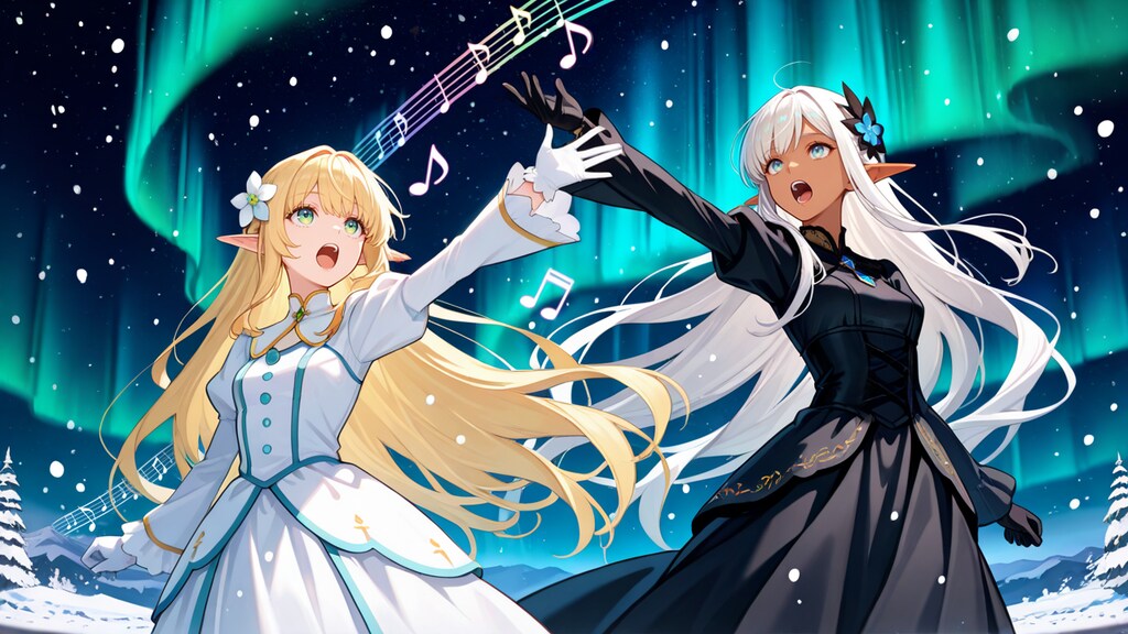 オーロラの下で合唱するエルフ魔女さんとダークエルフさん
