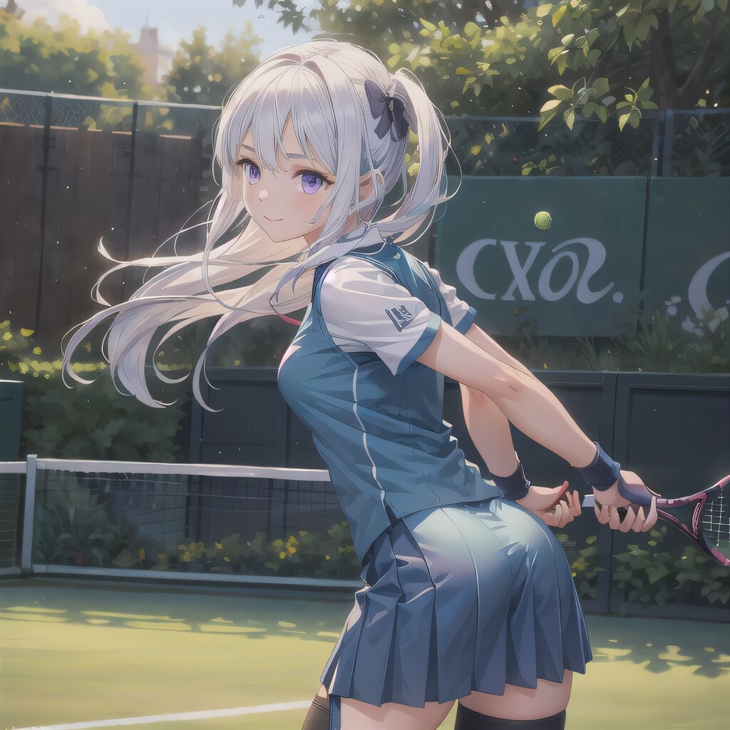 白髪ポニテでテニスウェアの少女２