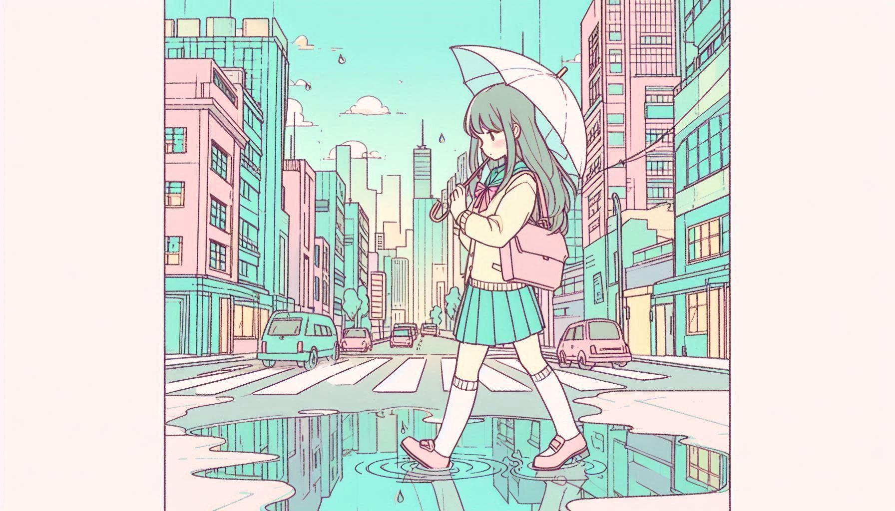 街と水たまり、少女111 | の人気AIイラスト・グラビア