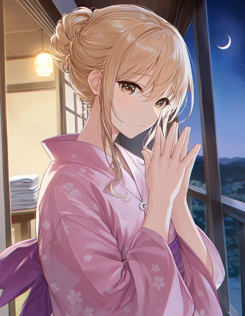 浴衣姿の弓倉万里奈さんと星空(PixAI版)