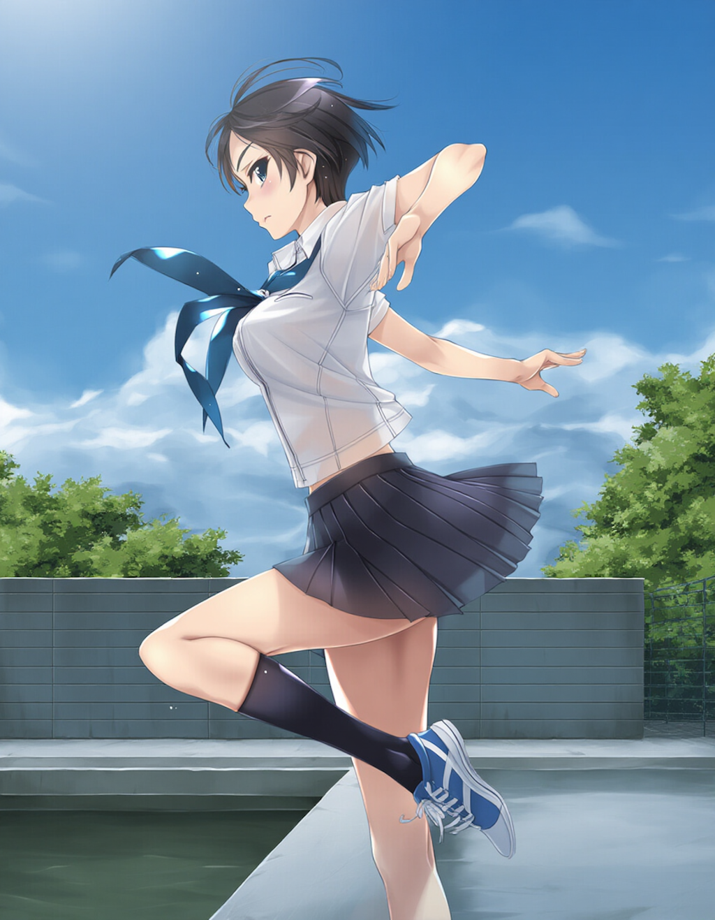 school rooftop ballet, blue sneakers, black socks