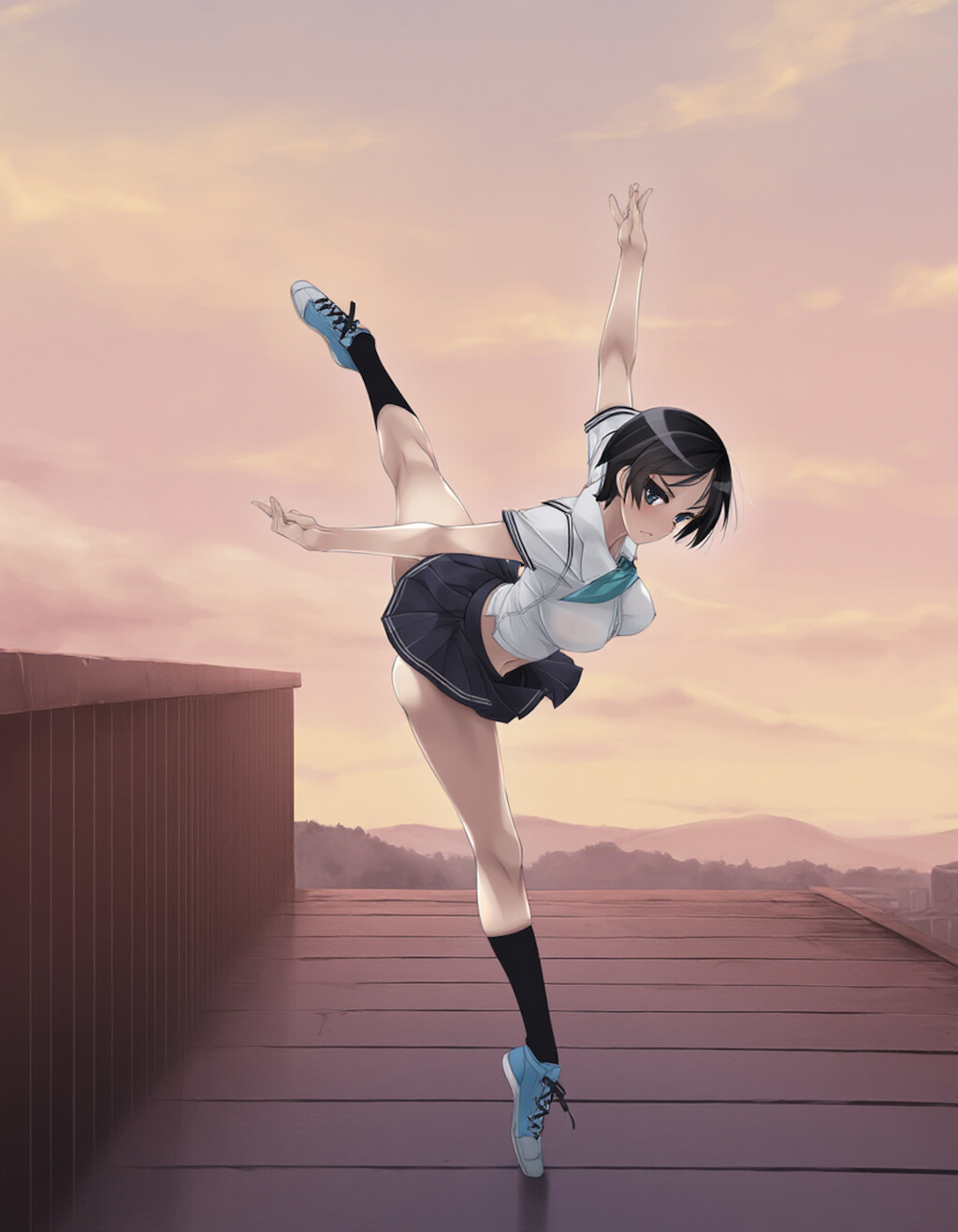 school rooftop ballet, blue sneakers, black socks
