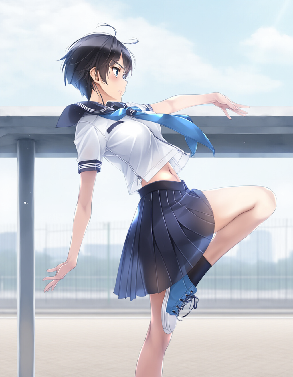 school rooftop ballet, blue sneakers, black socks