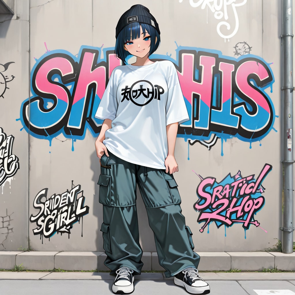 グラフィティの前で、ぎこちないピース(生成失敗)