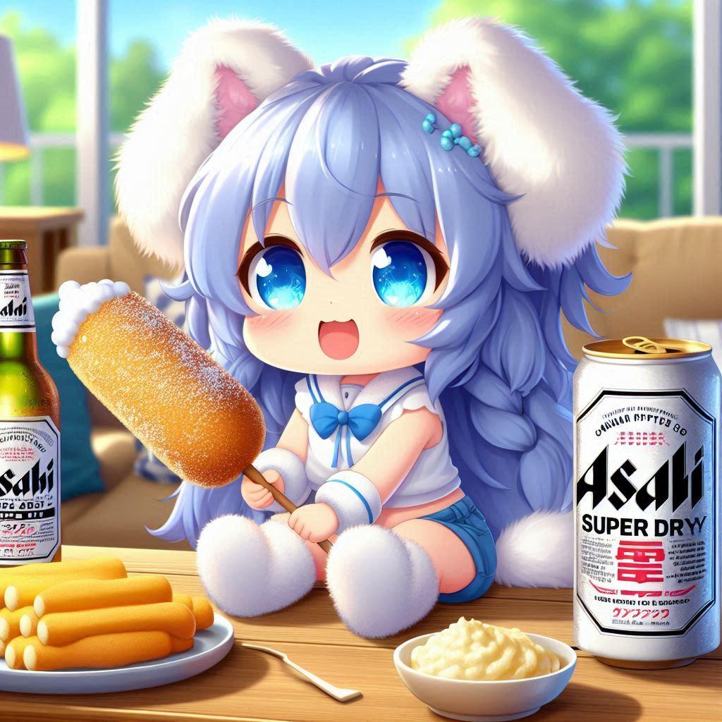 砂糖をまぶしたアメリカンドッグを食べる小さな女の子 | の人気AIイラスト・グラビア