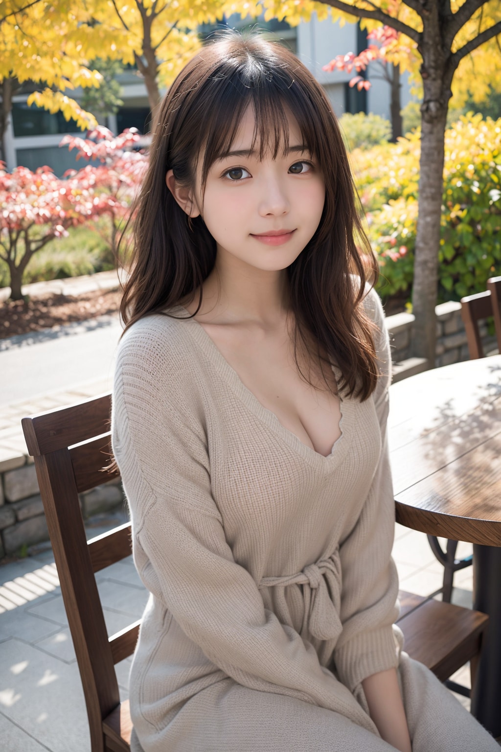 秋の公園のドレスの女性