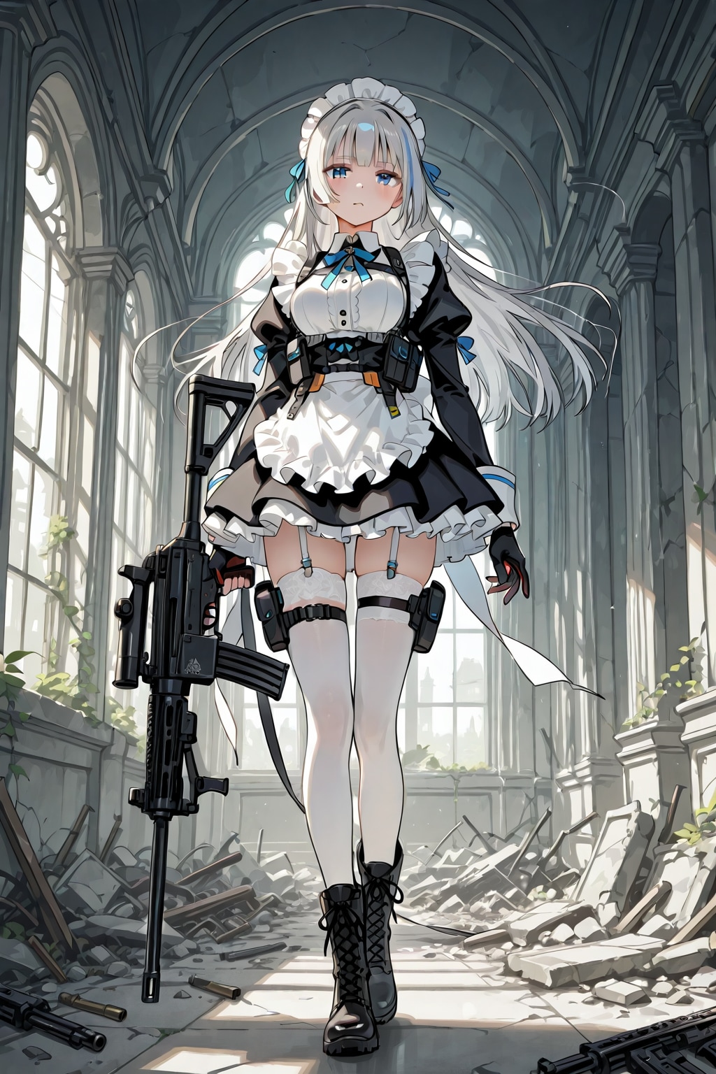 銀髪メイドさんとアサルトライフル | の人気AIイラスト・グラビア