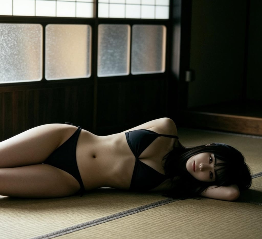 和室にいるビキニお姉さん