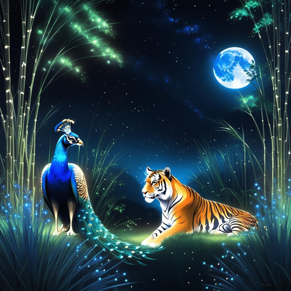 💓月が見つめる虎とクジャク