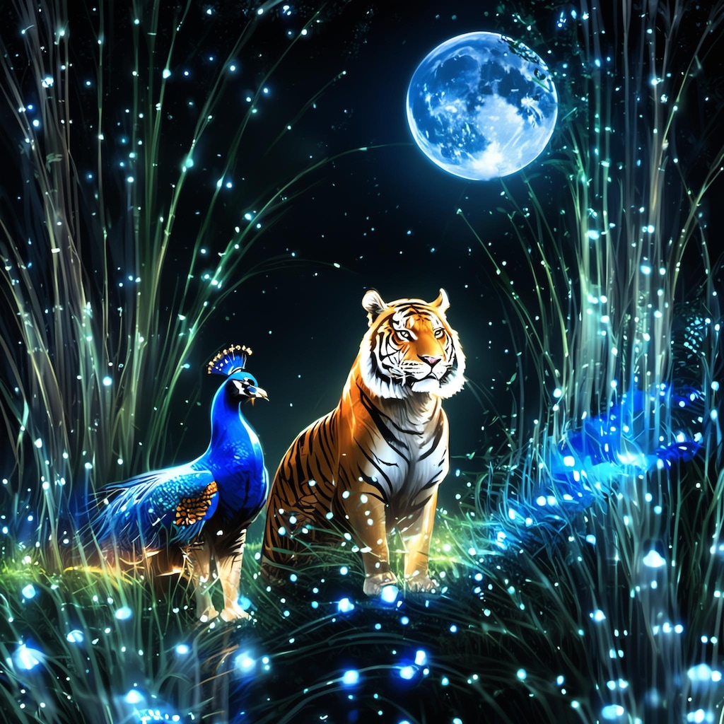 💓月が見つめる虎とクジャク