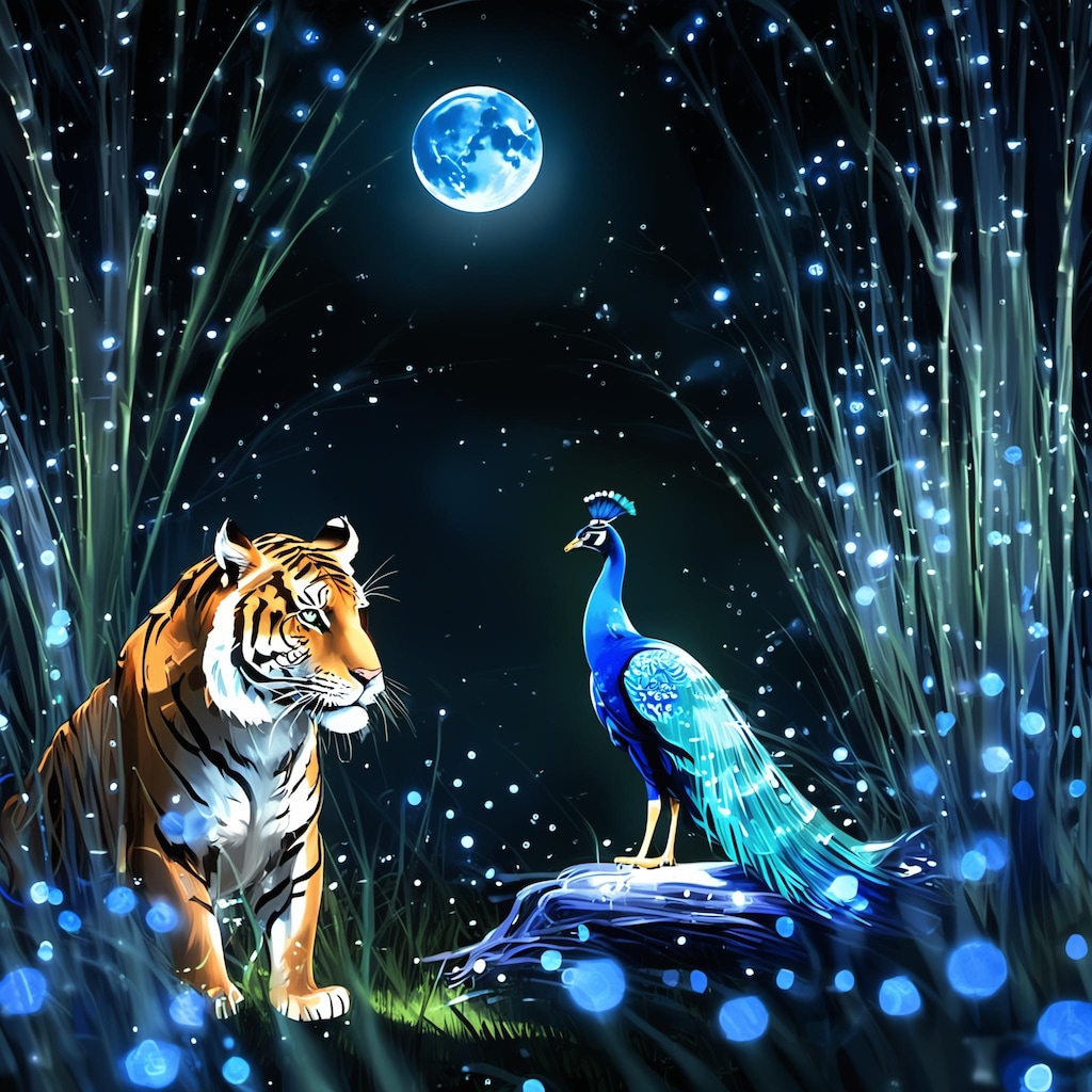 💓月が見つめる虎とクジャク