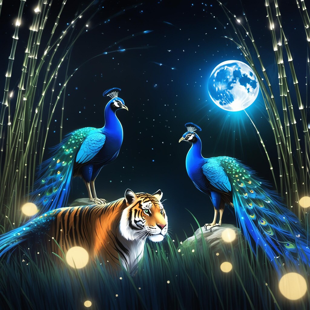 💓月が見つめる虎とクジャク