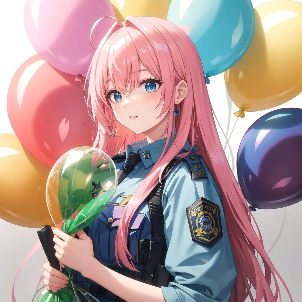 いっぱい風船を持つピンク髪ロングの警察官の美女。