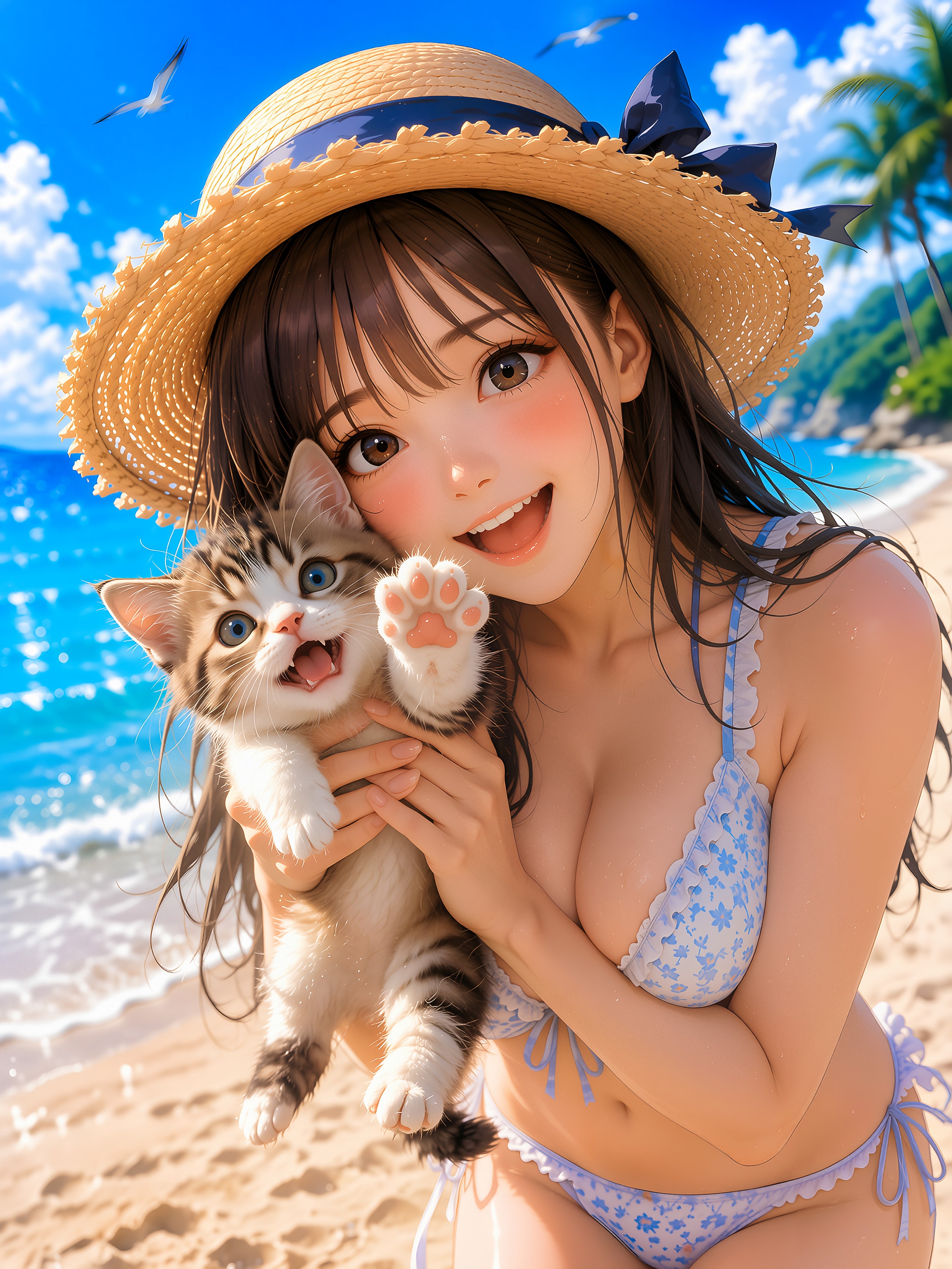 仔猫と過ごす海