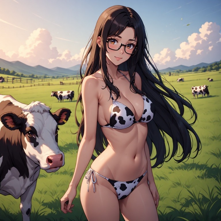 黒髪メガネ　牛ビキニ