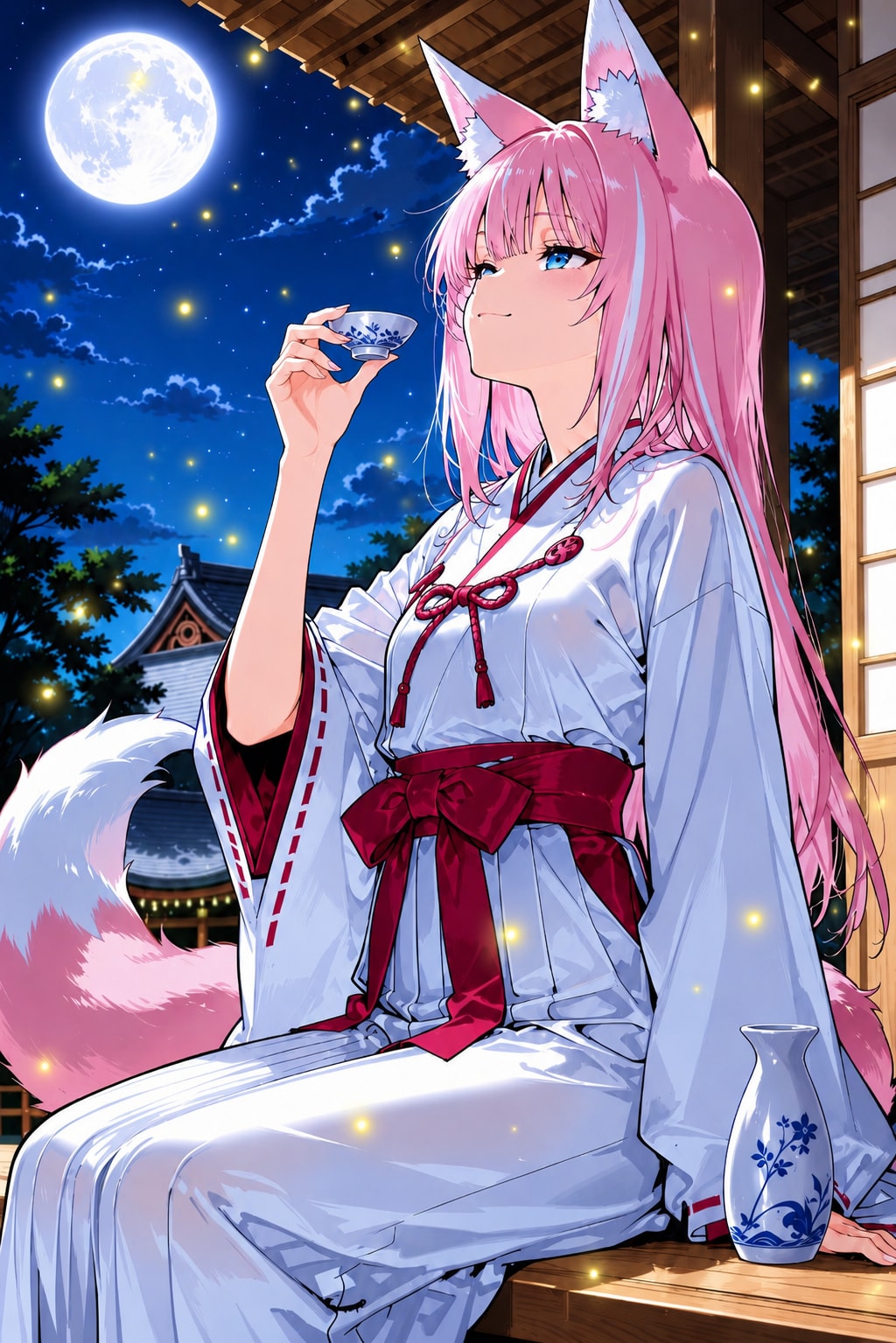 蛍の舞う縁側で月見酒🌕🍶