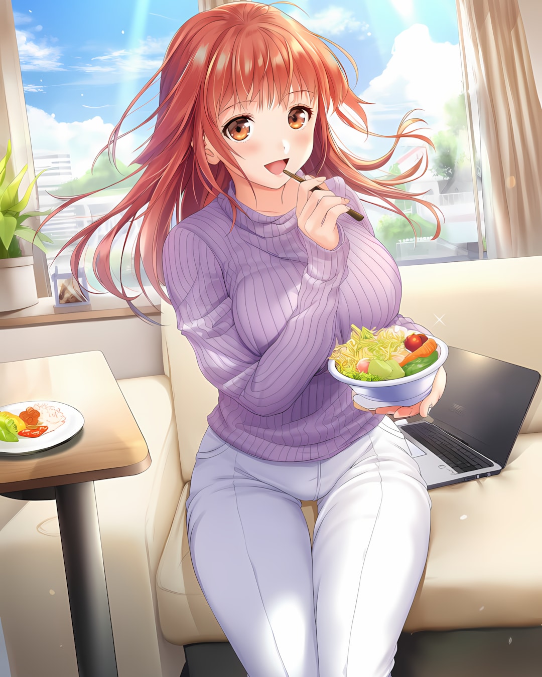 💻水曜日はお家でリモートワーク🏠ラベンダーニットでランチ✨ | の人気AIイラスト・グラビア