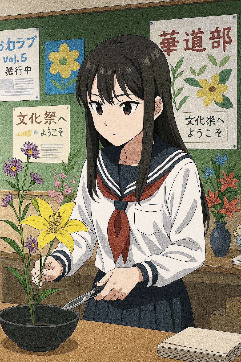 文化祭に向けて作品を制作する作する華道部員