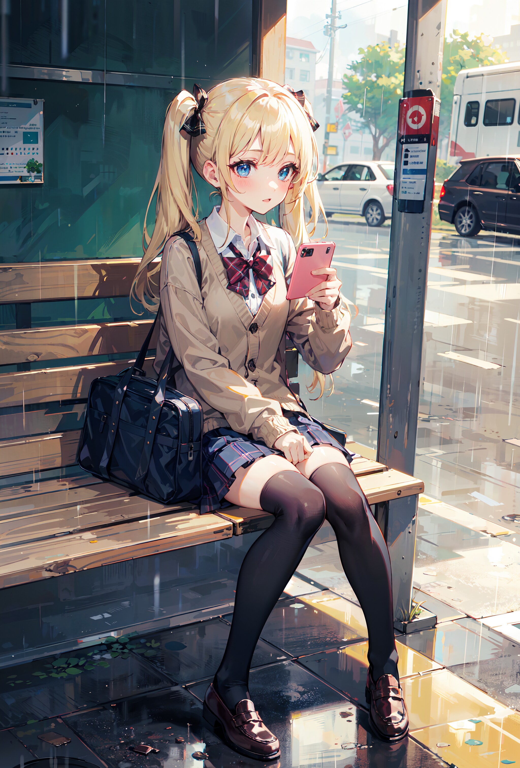 雨のバス停