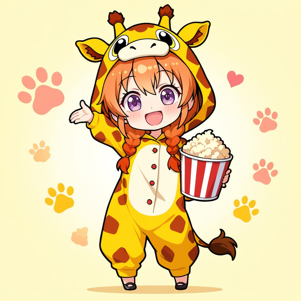 ポップコーンとキリン着ぐるみちび子ちゃん | の人気AIイラスト・グラビア