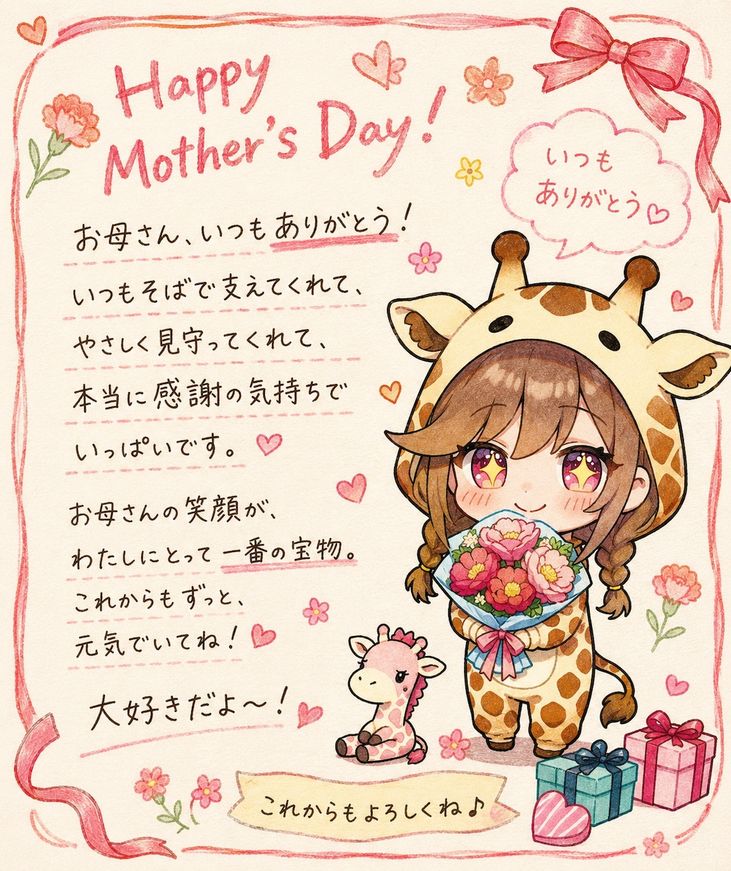 母の日のキリン着ぐるみちび子ちゃん