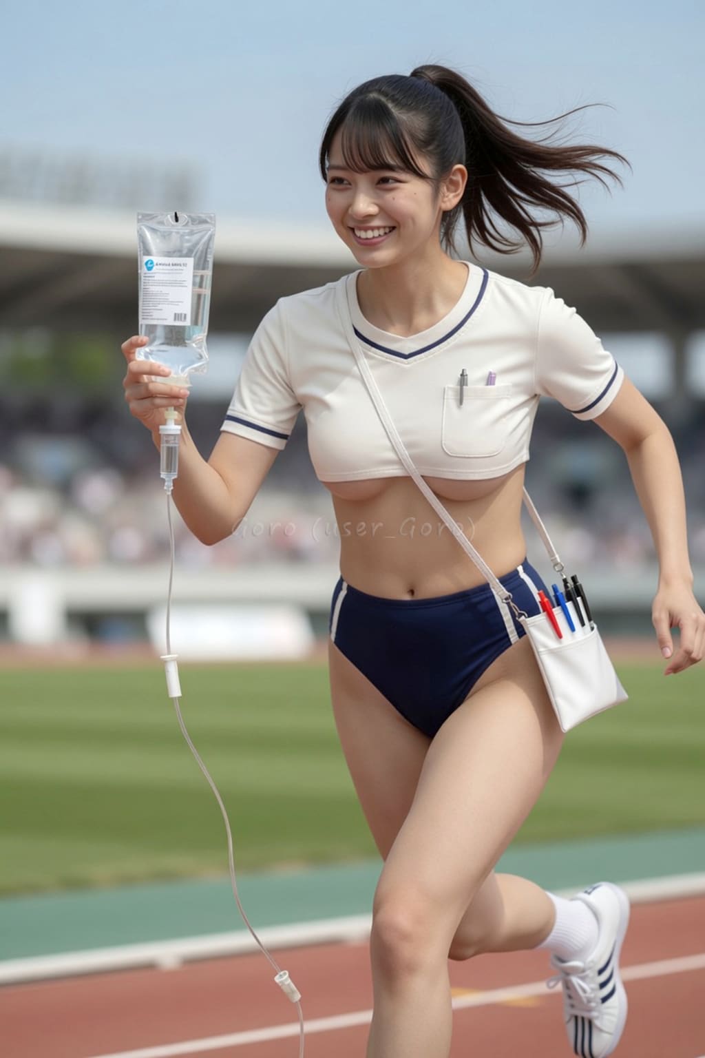 ブルマ看護師の運動会、点滴付パックけ替え競走 2/5 点滴パックを受け取って走る