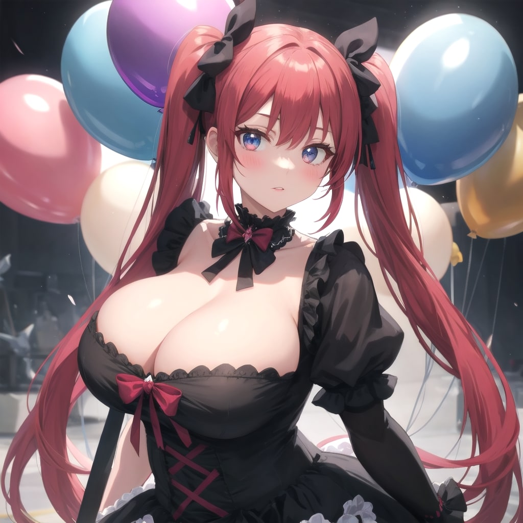 いっぱい色とりどりの風船を持つ赤い髪ツインテールのゴスロリ衣装着た美女