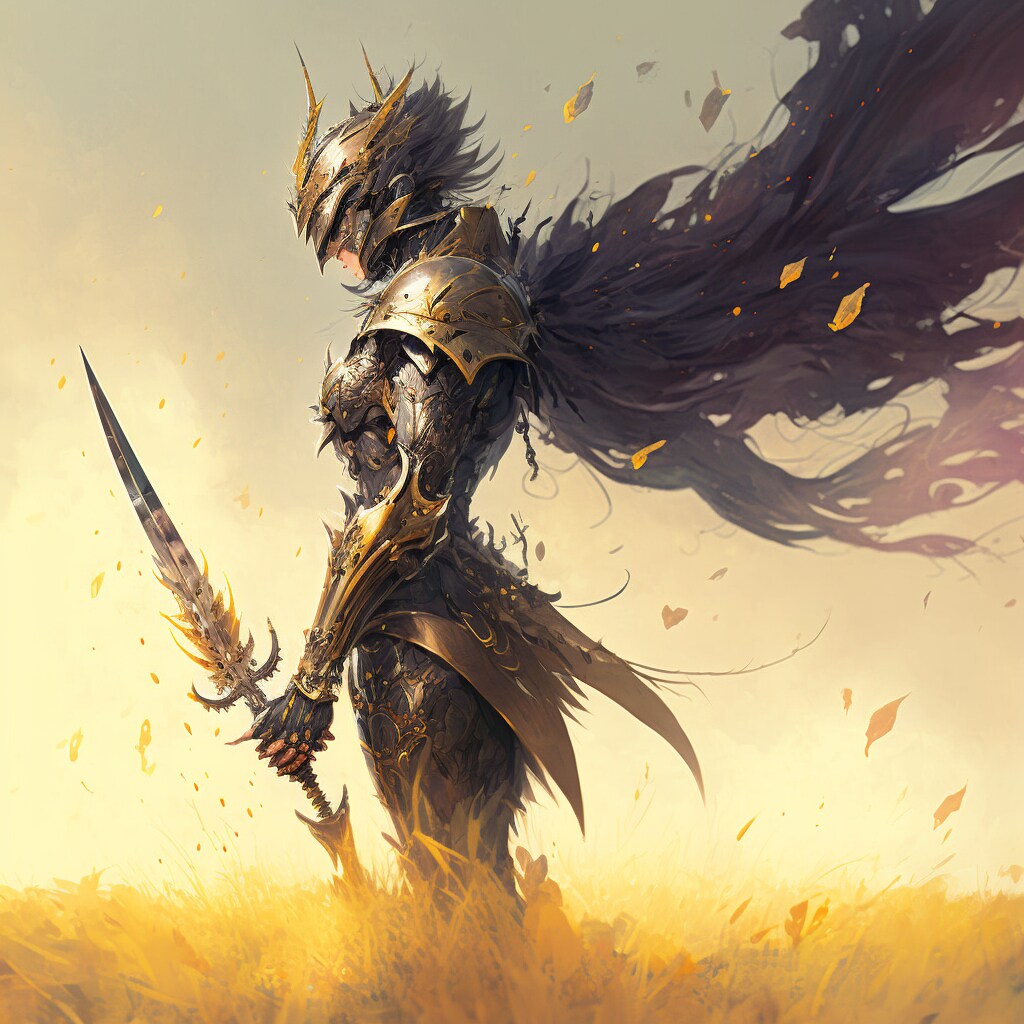 草原に立つ美女騎士の兜に隠れた表情は...