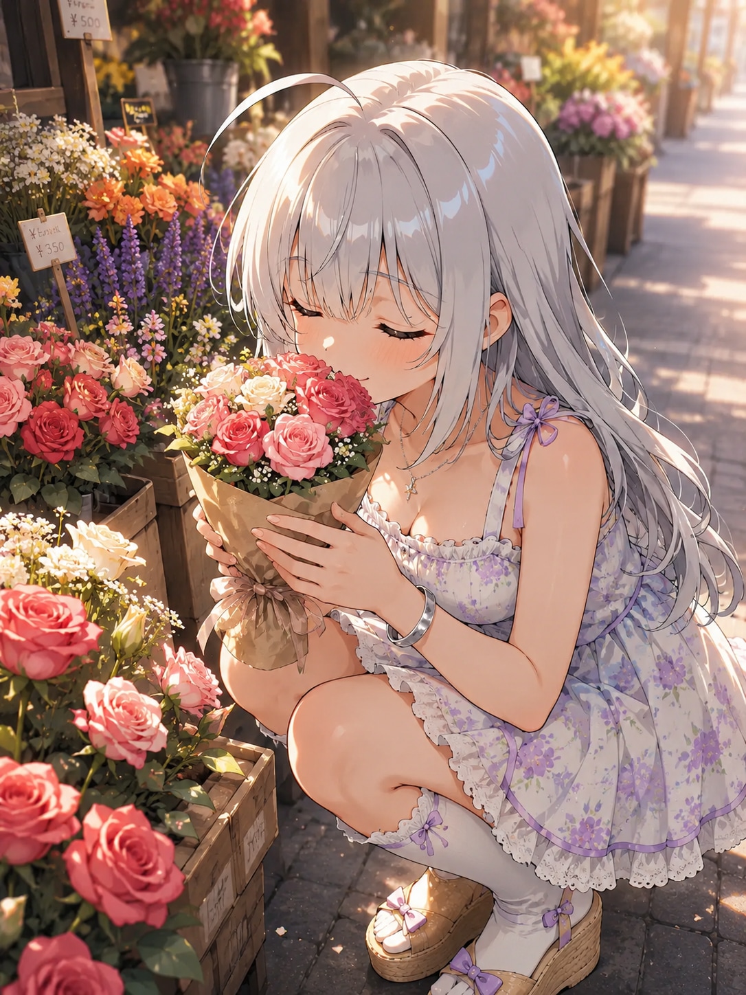 花屋の前で