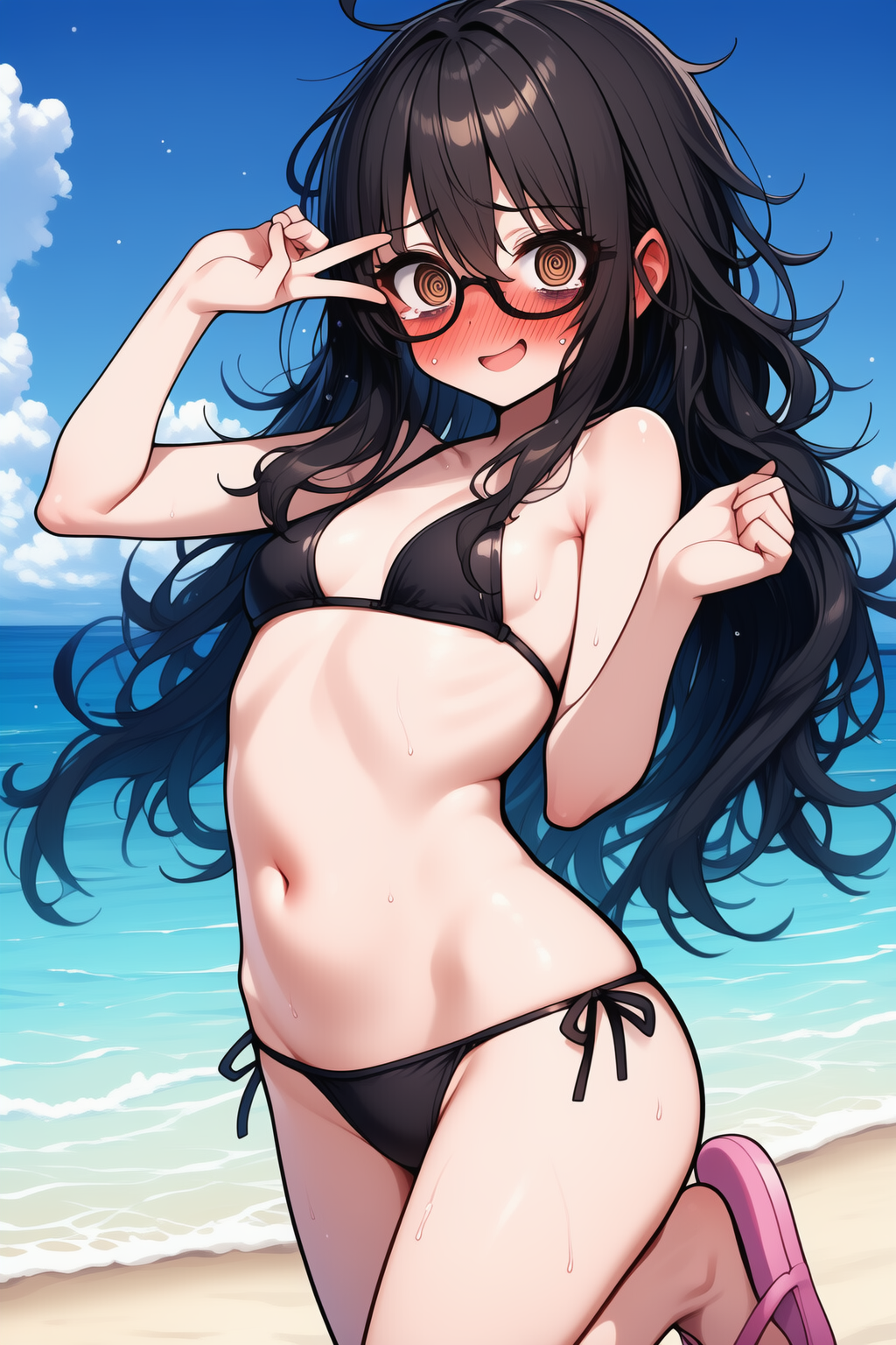 黒ビキニでピースしちゃうボサ髪眼鏡陰キャちゃん