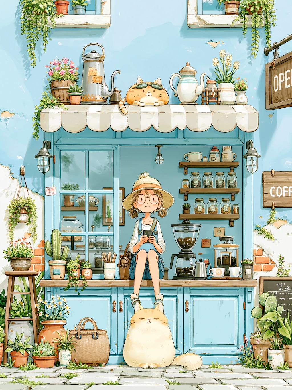 猫に挟まれてスマホを見る