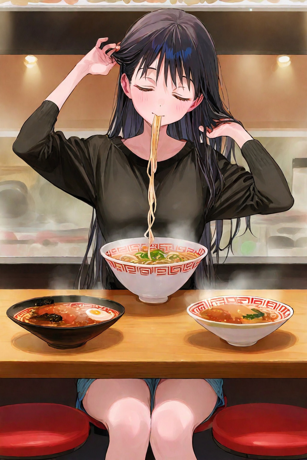 ラーメンと黒髪ロング美人♪(かき上げチャレンジ！)