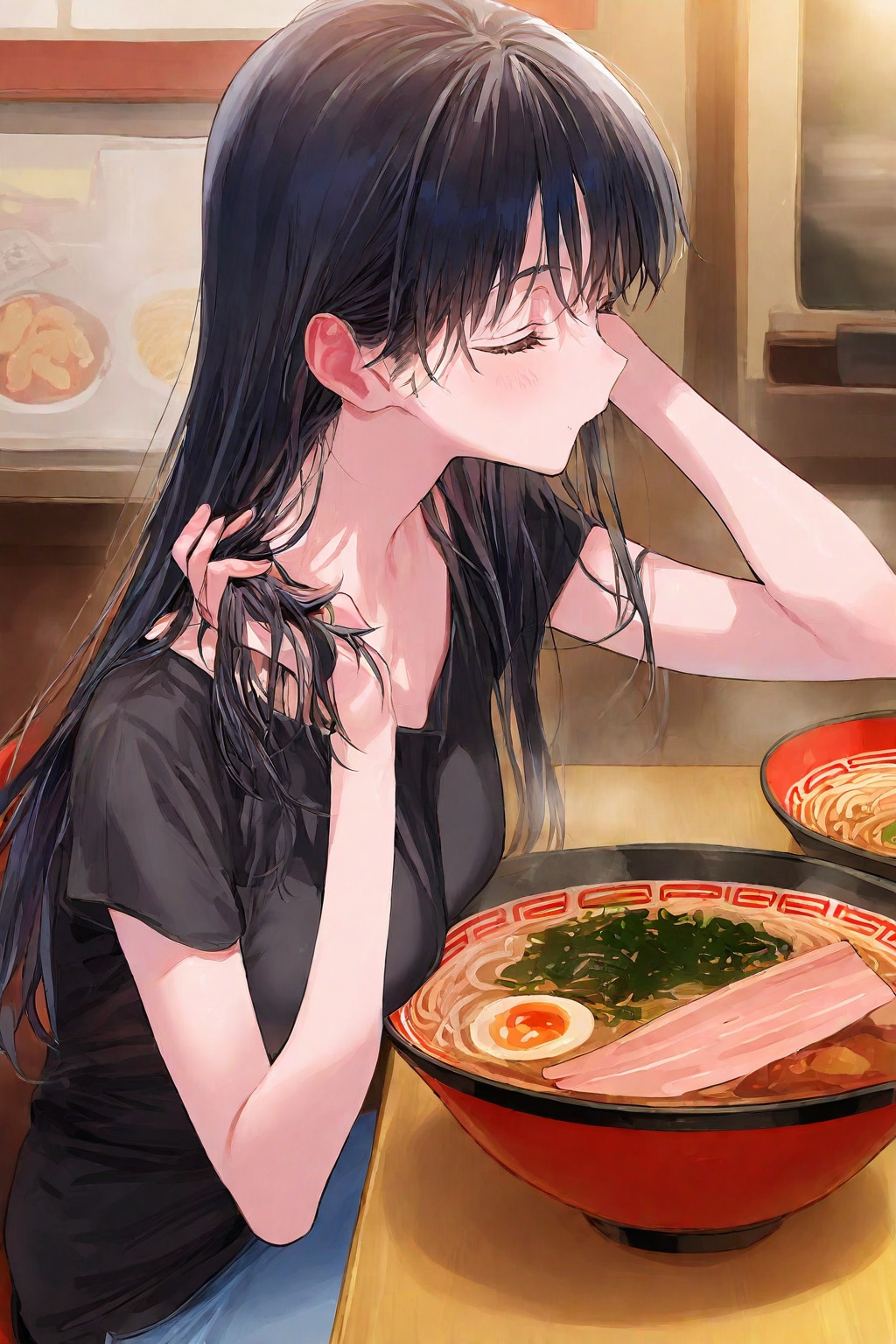 ラーメンと黒髪ロング美人♪(かき上げチャレンジ！)