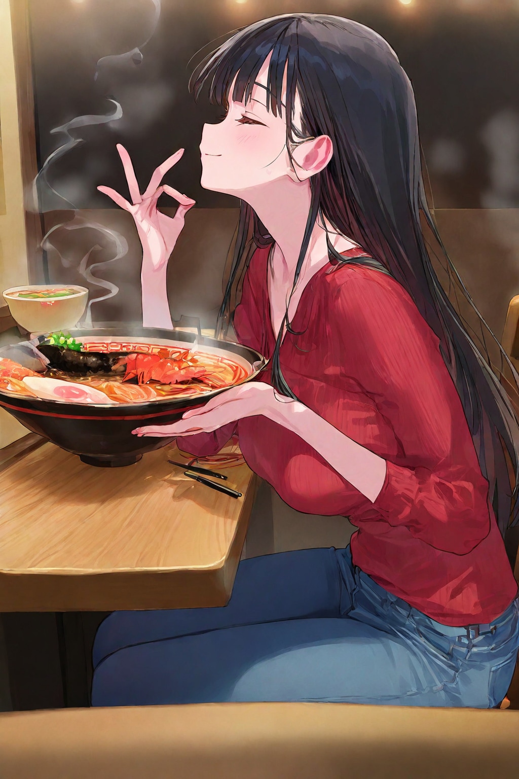 ラーメンと黒髪ロング美人♪(かき上げチャレンジ！)