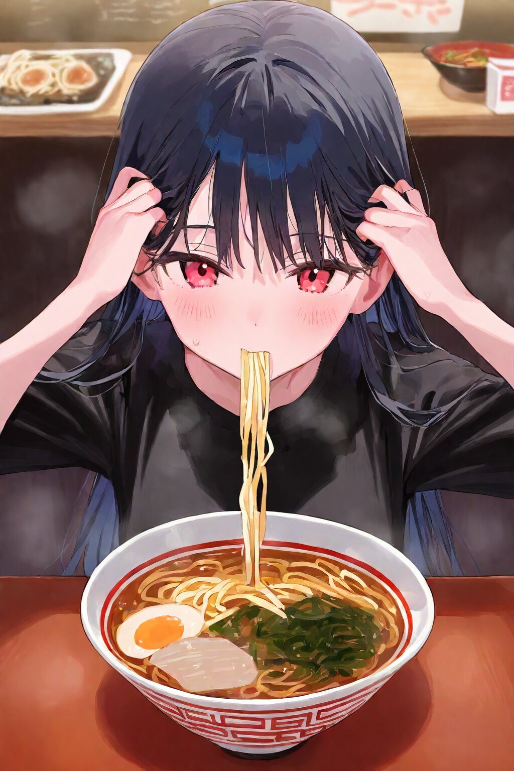ラーメンと黒髪ロング美人♪(かき上げチャレンジ！)