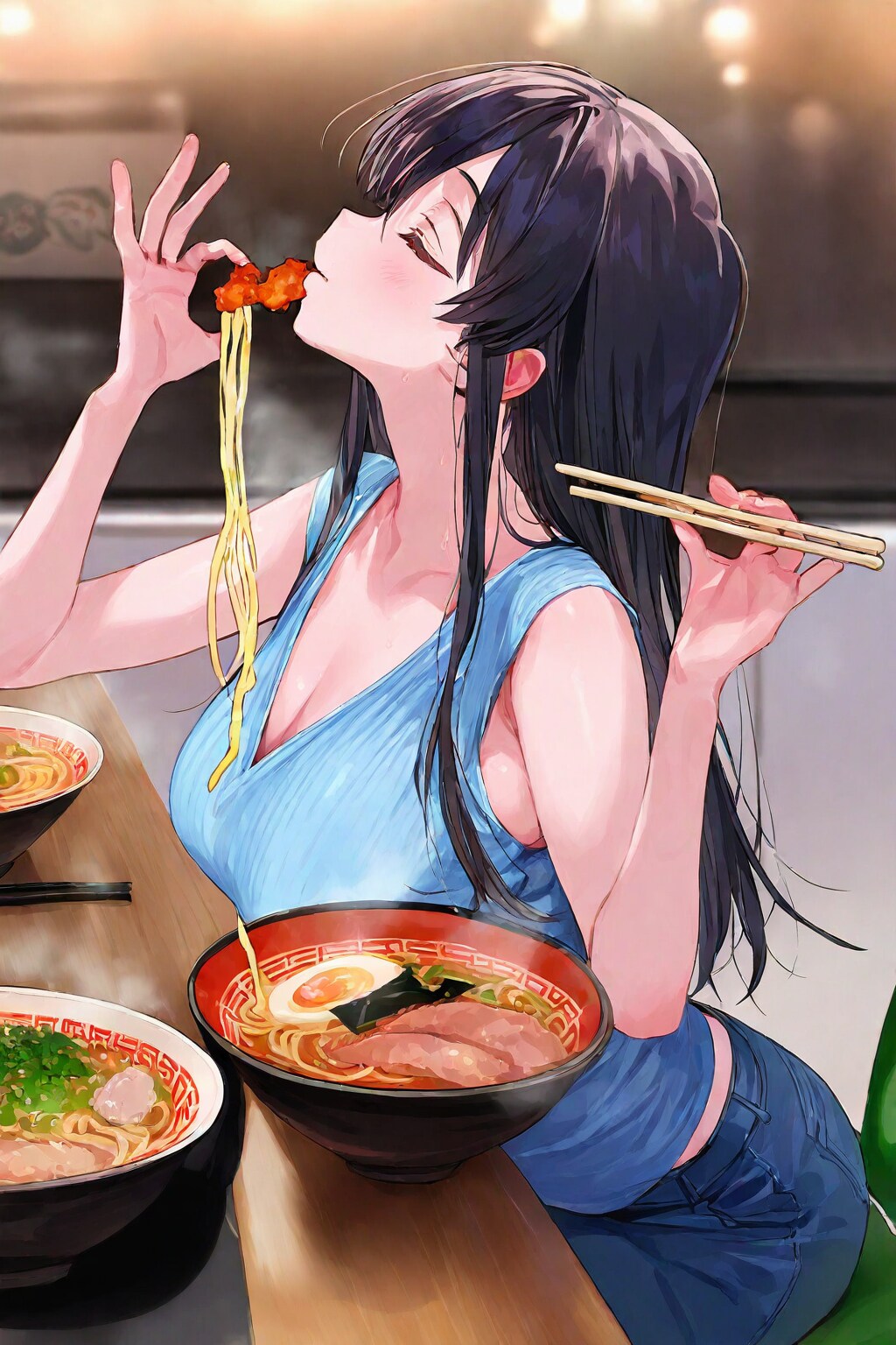 ラーメンと黒髪ロング美人♪(かき上げチャレンジ！)