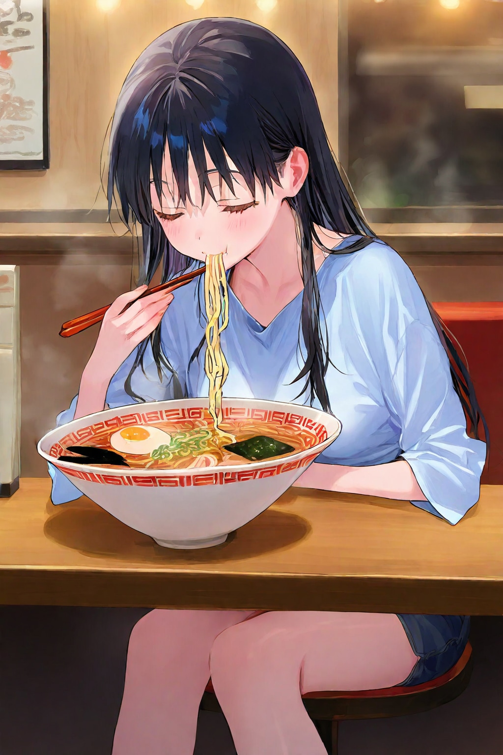 ラーメンと黒髪ロング美人♪(かき上げチャレンジ！)