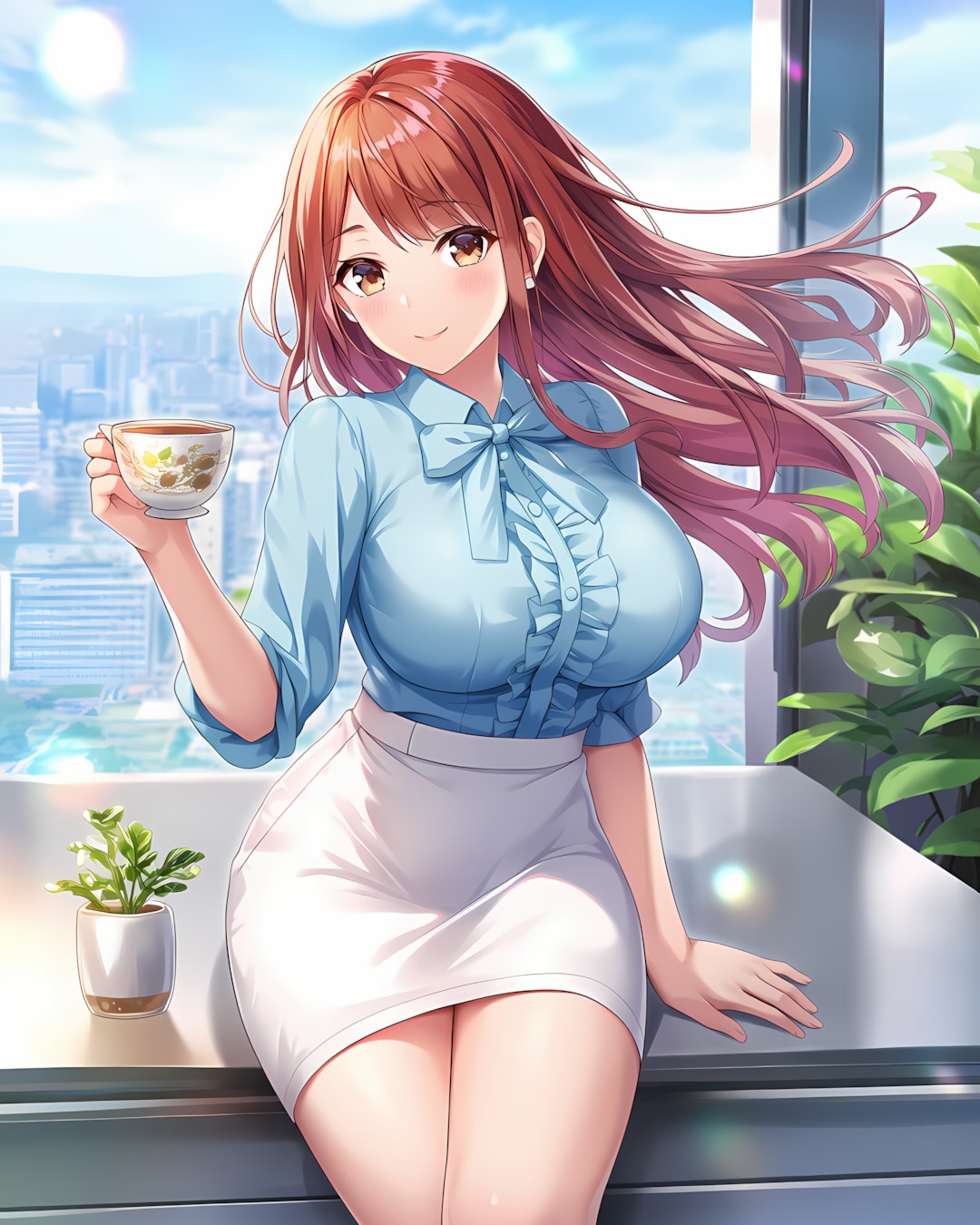 ☕️オフィス休憩🌿ボウタイブラウスのOLノノカちゃん🌸 | の人気AIイラスト・グラビア