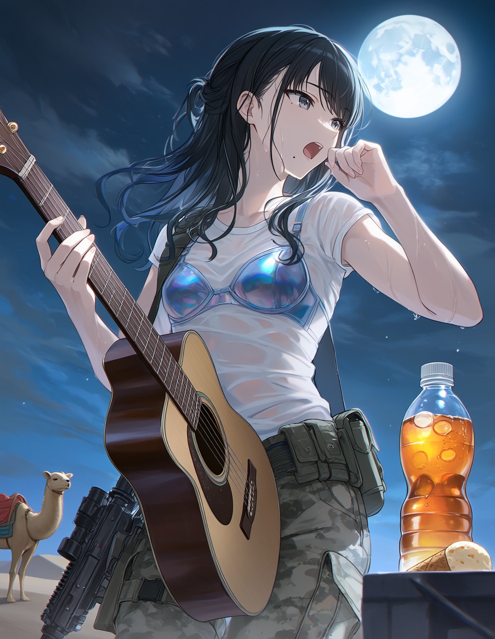 月夜のオアシスでギターを弾く灯織(PixAI版)