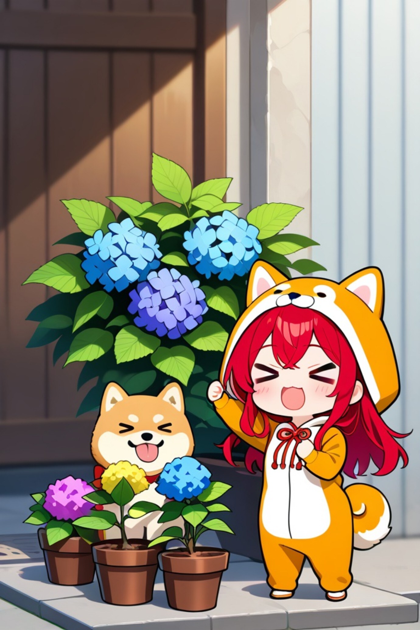 紫陽花と赤髪ちゃん