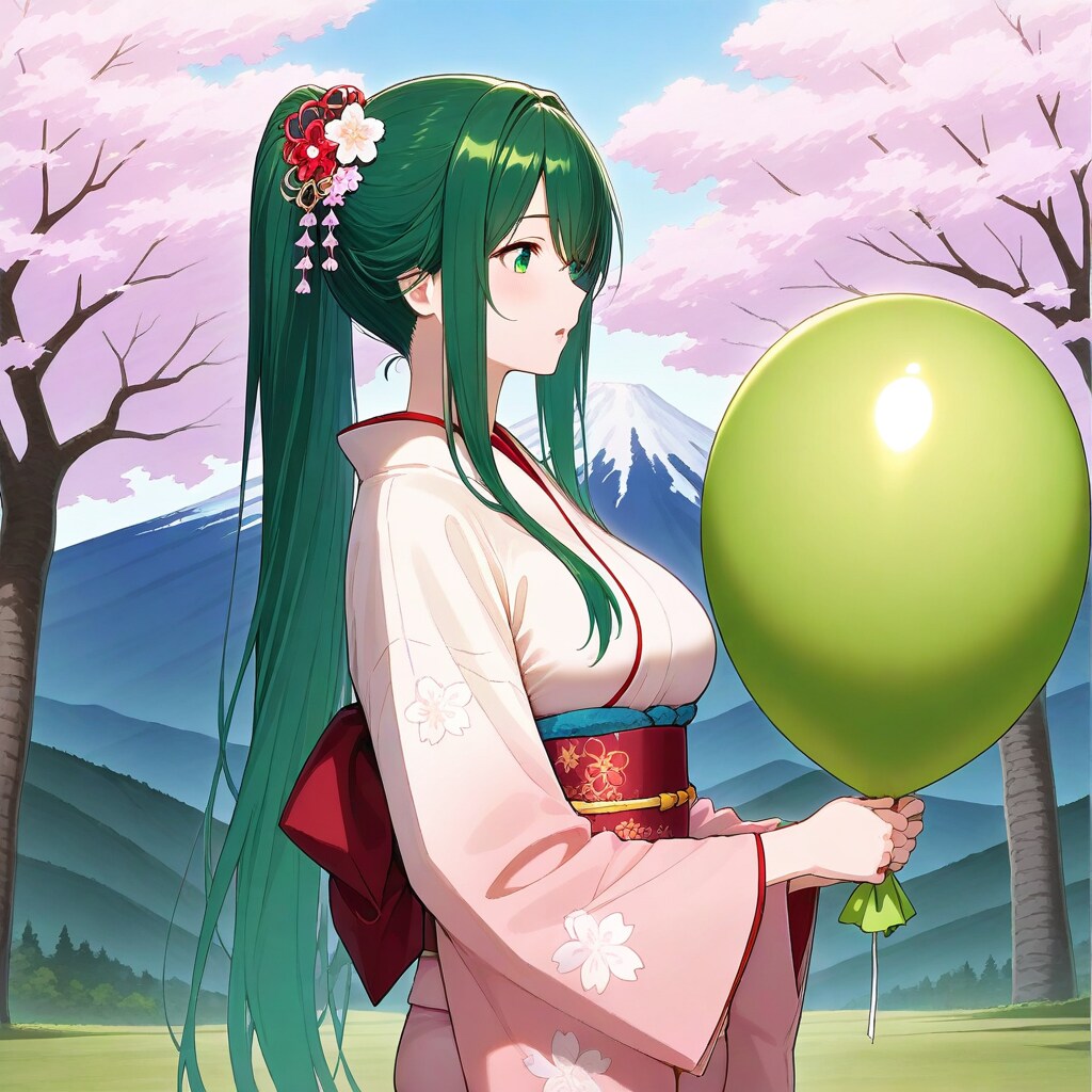 桜咲く山で緑色の風船を膨らませて遊ぶ緑髪ロングの着物美女 | の人気AIイラスト・グラビア