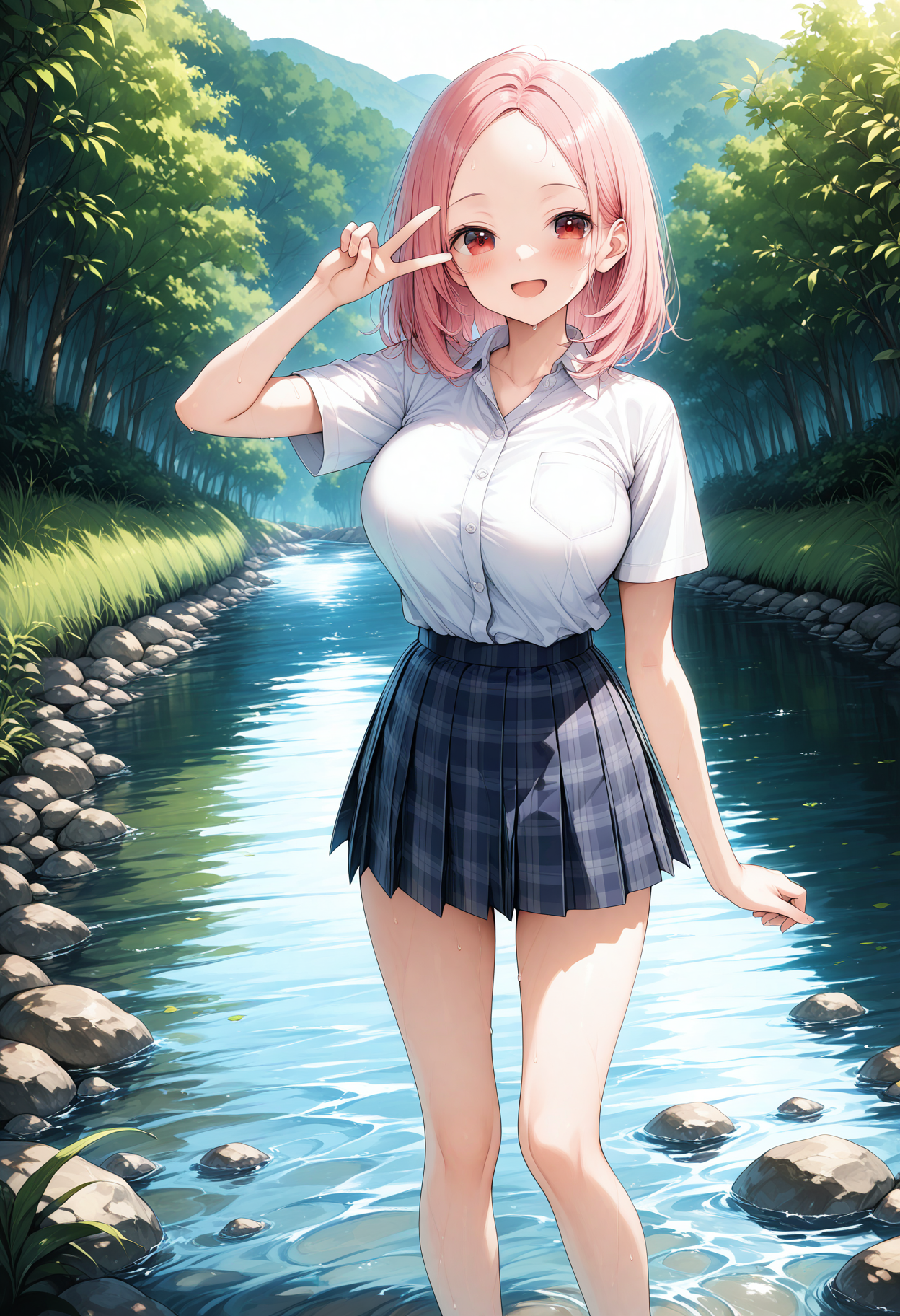 ピンク髪 川遊び