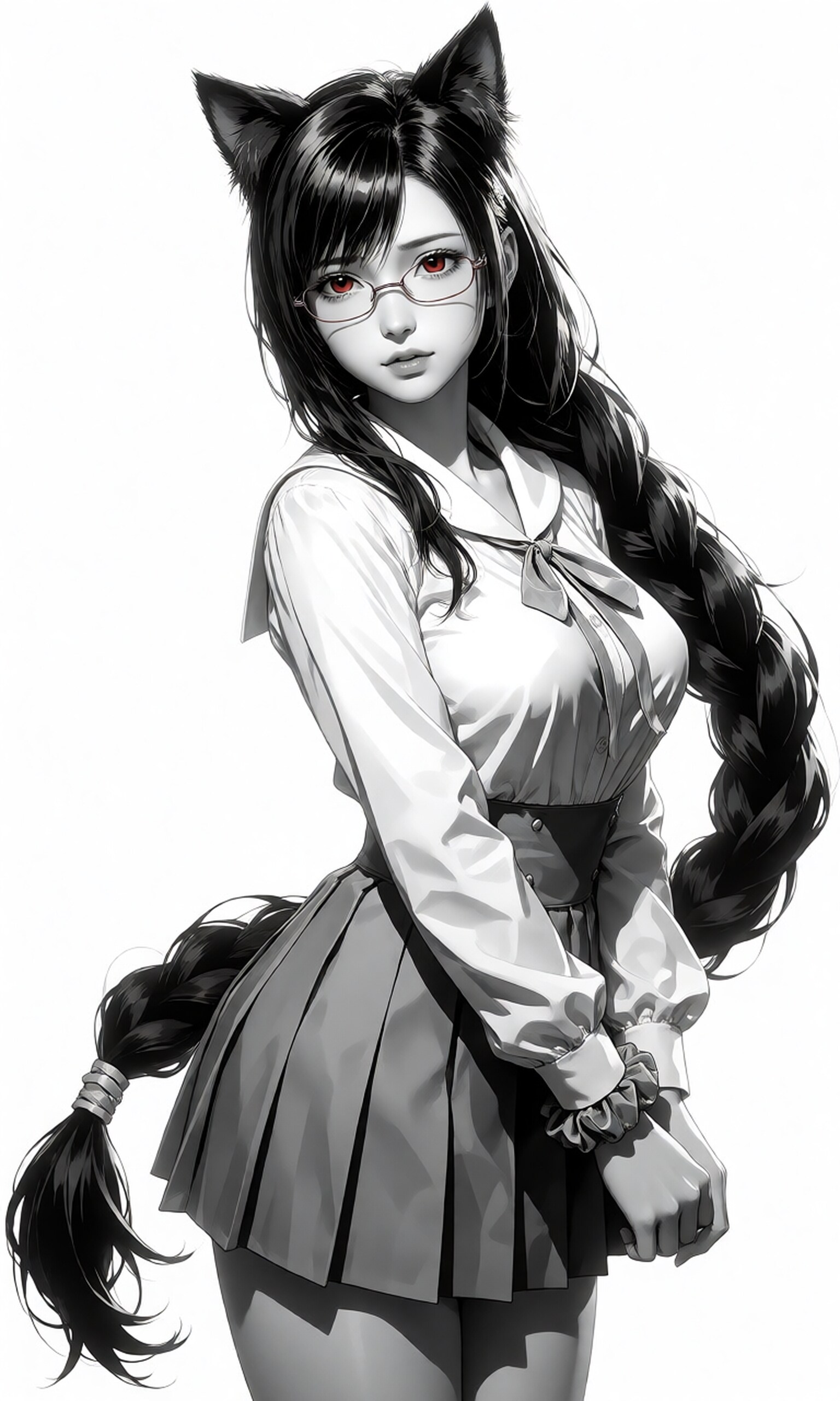 【モノクロ】制服猫耳三つ編み眼鏡ティファさん | の人気AIイラスト・グラビア