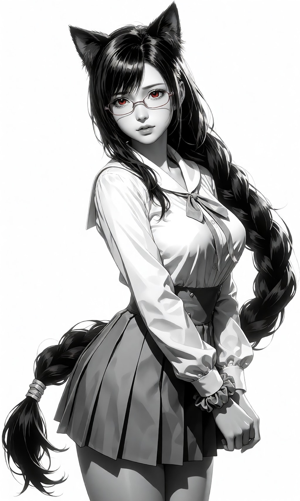 【モノクロ】制服猫耳三つ編み眼鏡ティファさん