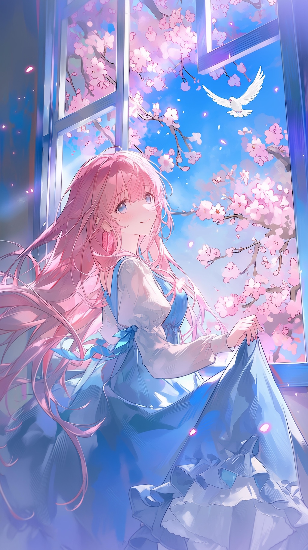 桜舞う窓辺の春風少女