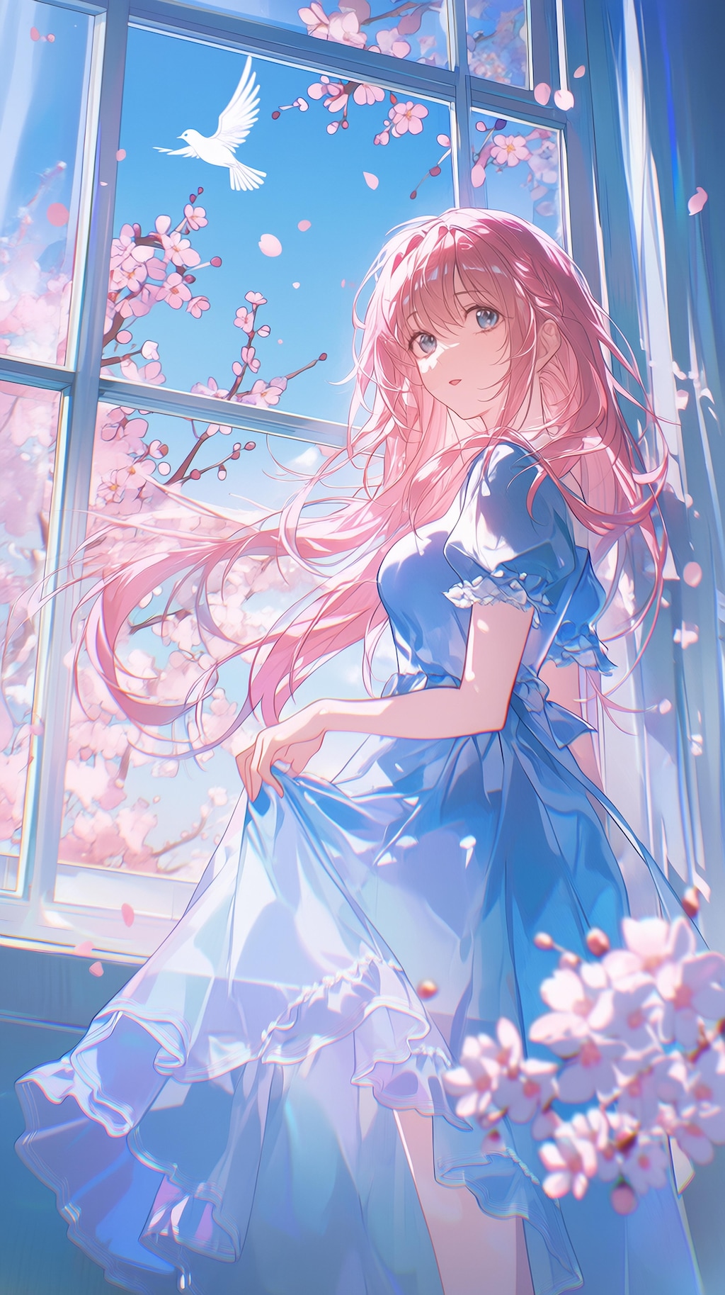 桜舞う窓辺の春風少女